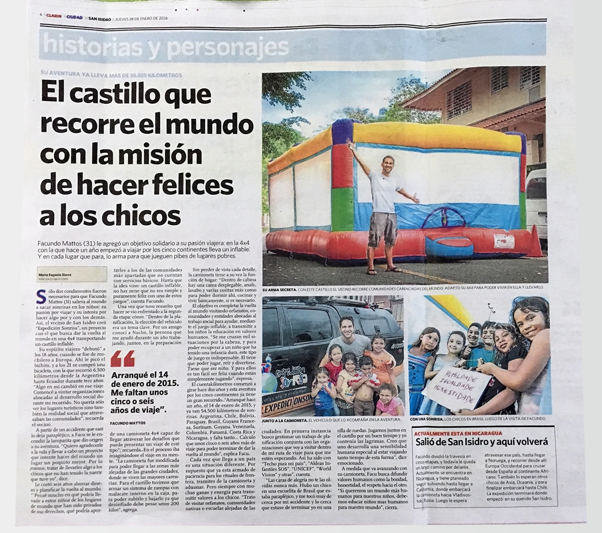 Diario Clarín Zonal San Isidro Historia de Facundo Mattos y su Expedición Sonrisa