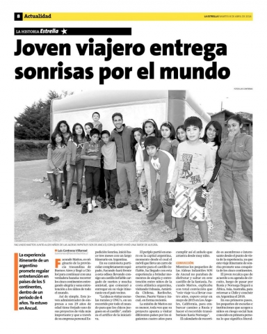 Entrevista el diario La Estrella de Chile: Joven Viajero Entrega Sonrisas por el Mundo