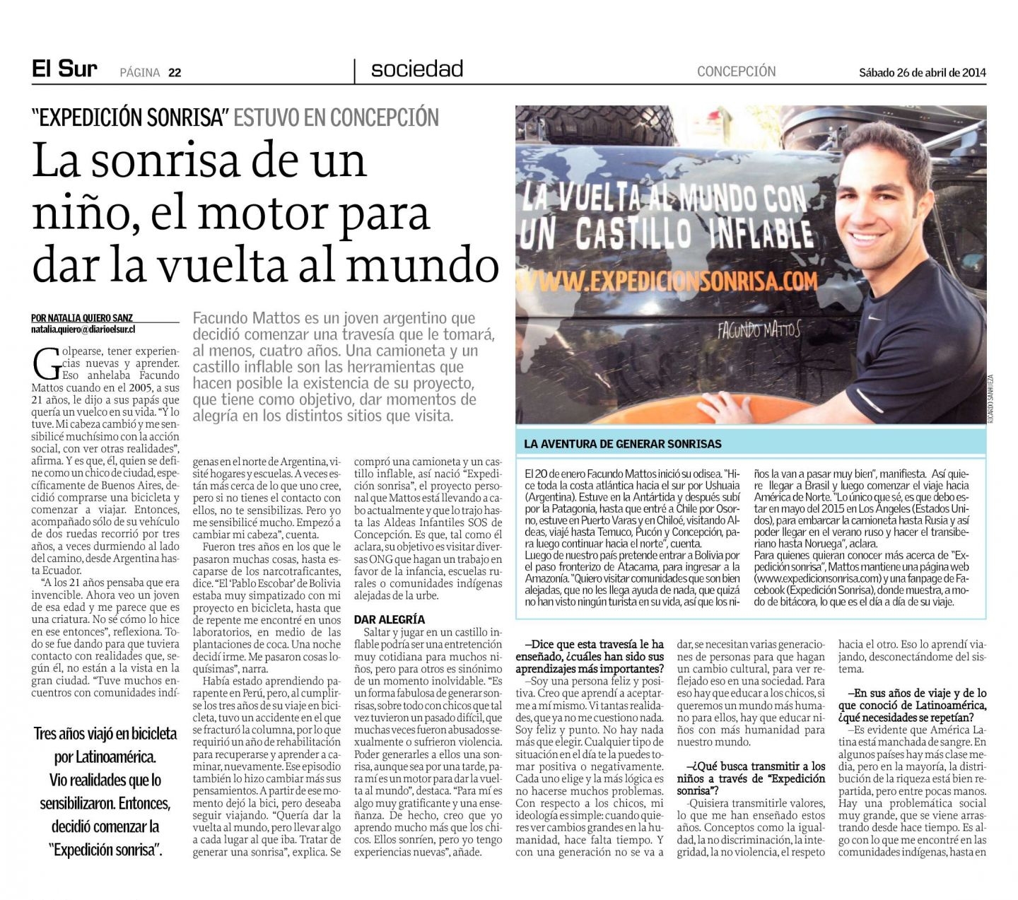 Diario El Sur de Chile: La Sonrisa de un Niño, El Motor para dar la Vuelta al Mundo