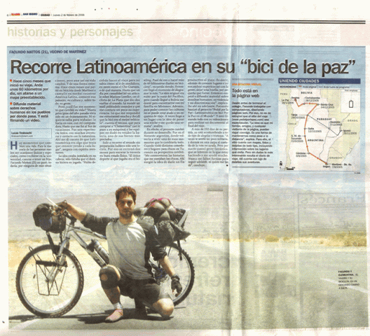 facundo mattos viaja en bicicleta por la paz del mundo en bolivia diario Clarín zonal san isidro