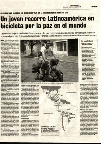 facundo mattos y su viaje en bicicleta por Latinoamérica por la paz en el mundo diario el territorio argentina