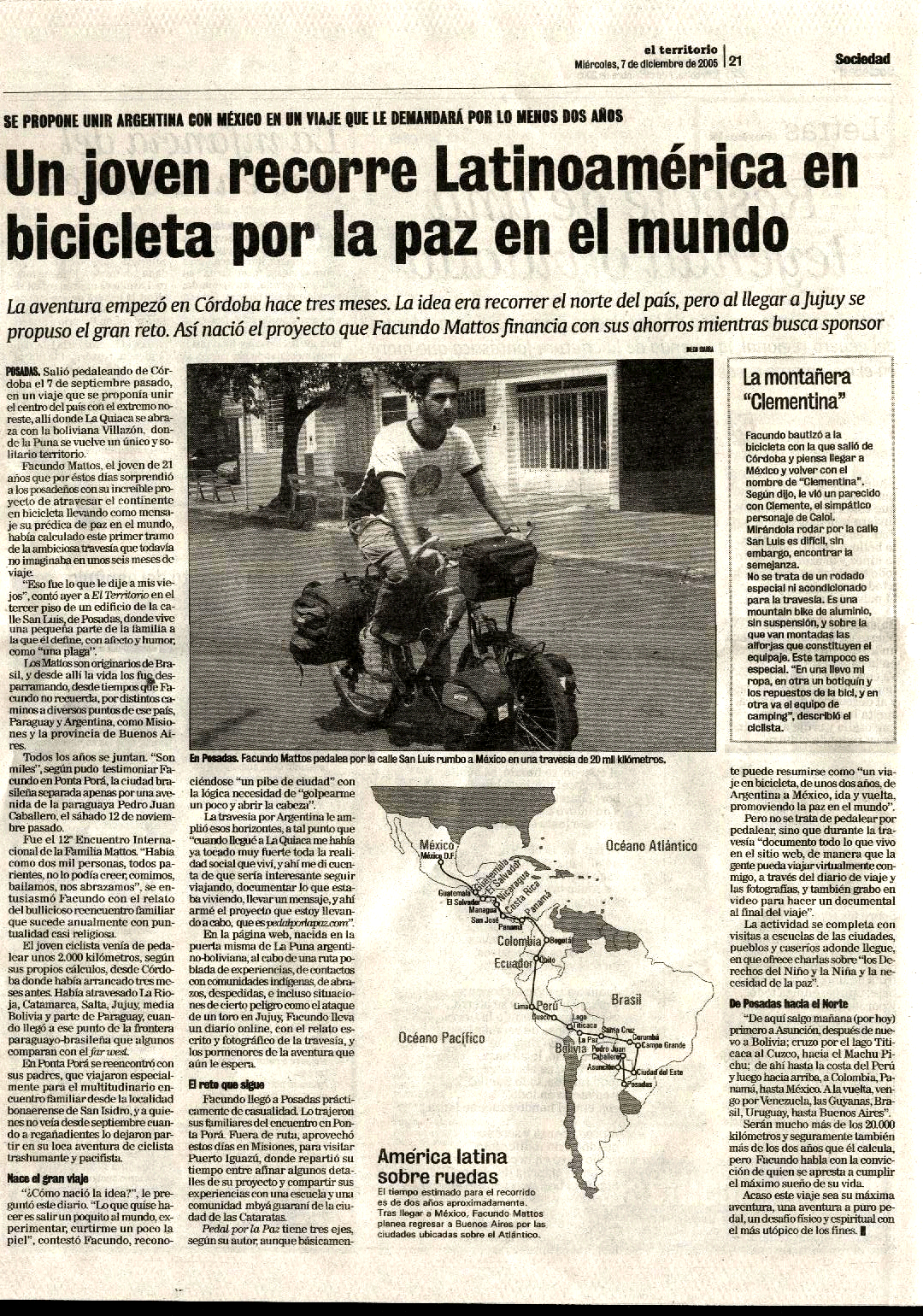 facundo mattos y su viaje en bicicleta por Latinoamérica por la paz en el mundo diario el territorio argentina