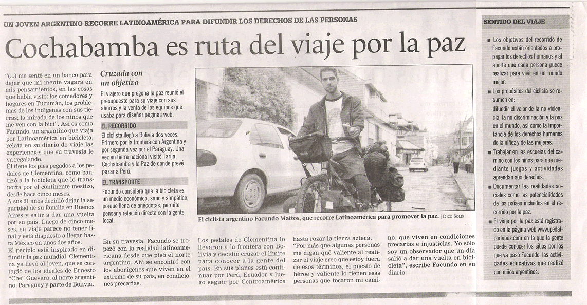 facundo mattos viaja en bicicleta por la paz del mundo en bolivia diario los tiempos