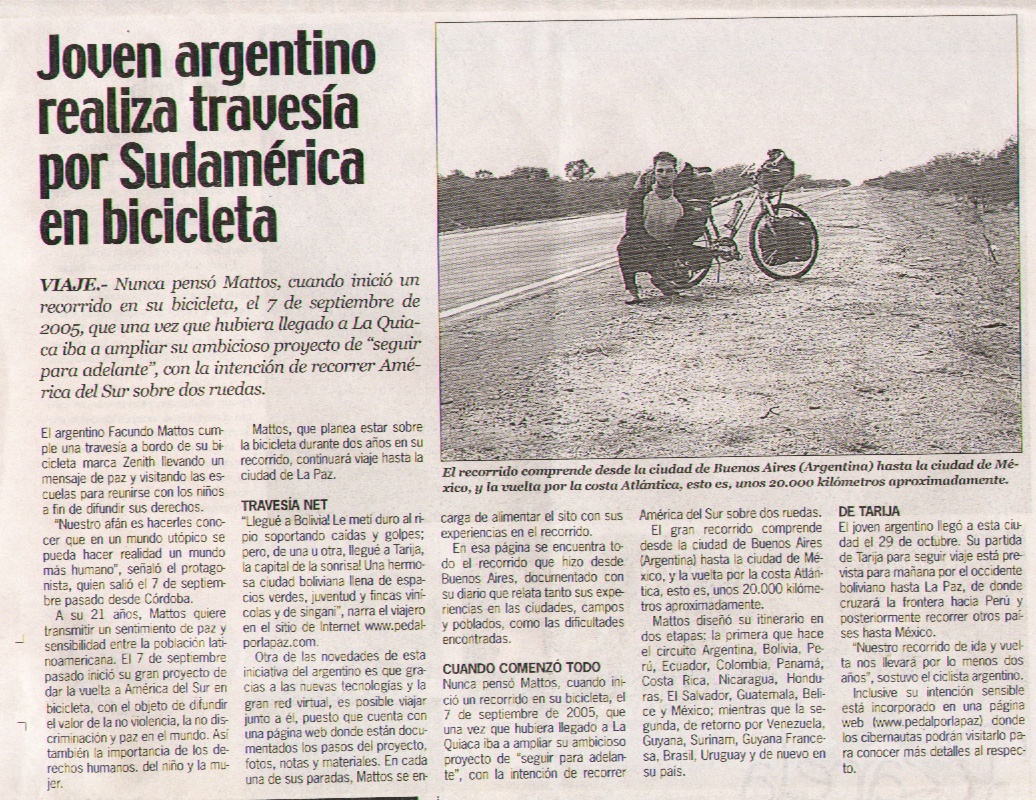 facundo mattos y su viaje en bicicleta por Latinoamérica por la paz en el mundo diario nuevo sur bolivia
